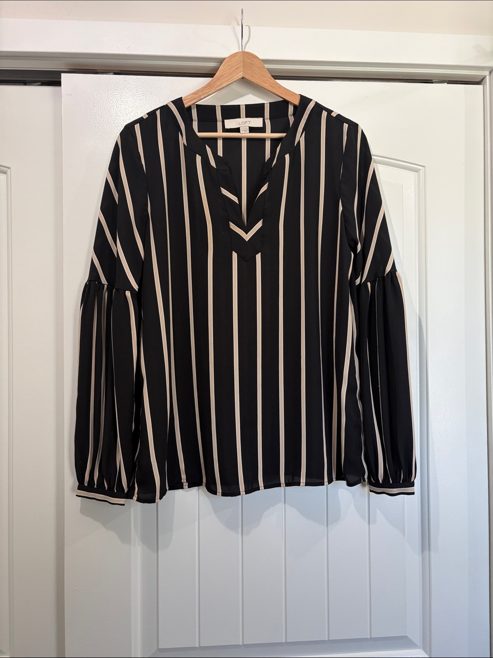 LOFT Black Blouse with Cream Vertical Stripes and V-Neck